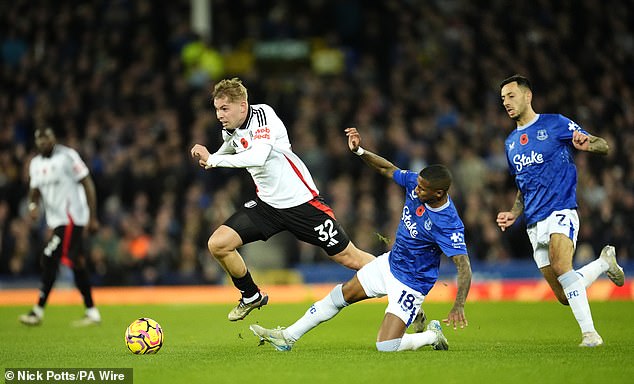 Smith Rowe tries to get forward for Fulham under pressure from Ashley Young