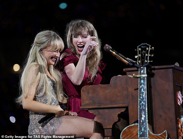 Carpenter had opened for the pop superstar on The Eras Tour in 2023 and early 2024; they are pictured in February in Sydney, Australia