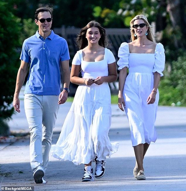 Ivanka and her daughter Arabella smile as they walk down the street in Surfside