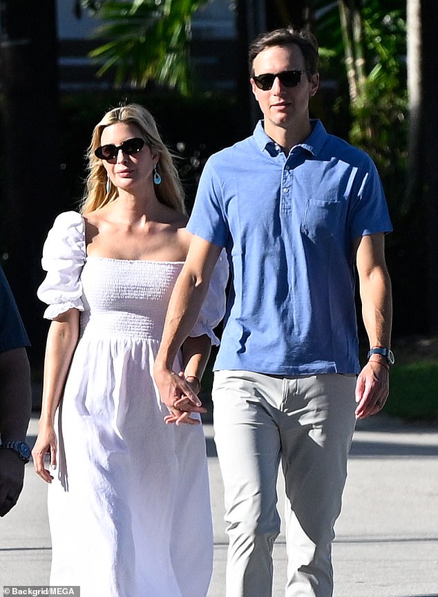 Kushner didn't get the memo about the white outfit and instead wore a blue polo shirt with gray pants and sneakers