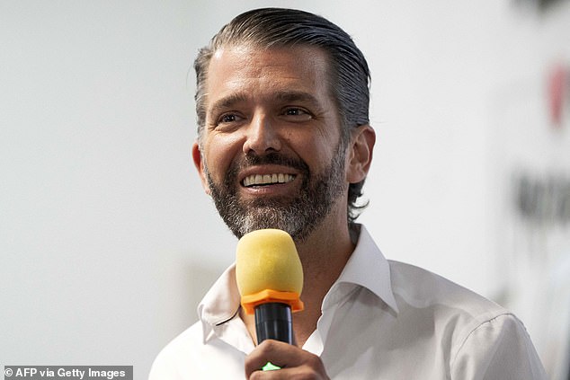 Donald Trump Jr. speaks during a phone banking event at a West Valley Republican office in Sun City, Arizona, on October 23