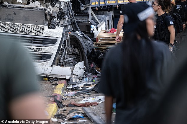 A view of the area as medical teams responded to dozens of people at the scene after a truck crashed into a bus stop on October 27, 2024, north of Tel Aviv, Israel.