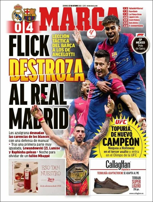 Marca went with 'Flick destroys Real Madrid' as its headline, adding that Kylian Mbappe had 'a night to forget'