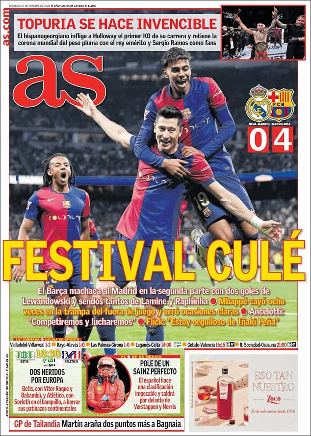 'Cule Festival' was on the front page of AS after the beating at the Bernabeu on Saturday evening