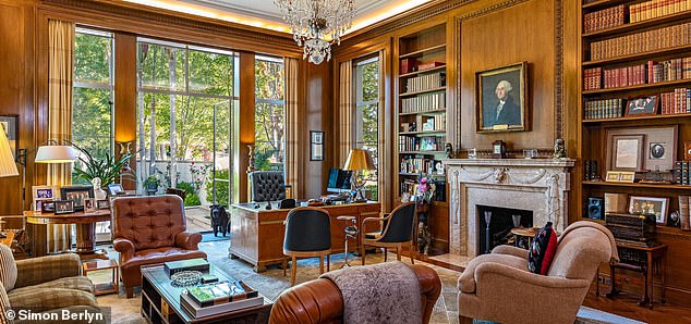 The house features a reception room, a lounge and a wood-paneled study and office, where a portrait of George Washington hangs, commissioned by Benjamin Franklin (pictured)