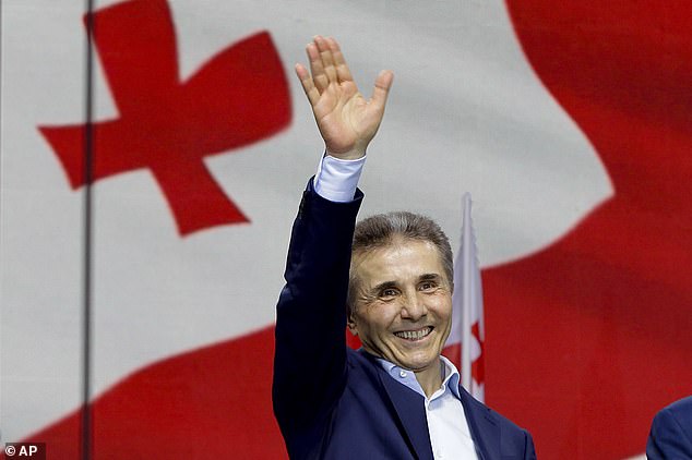 Billionaire Bidzina Ivanishvili, leader of the Georgian Dream party he created greets protesters during a rally in Tbilisi, Georgia, on April 29, 2024