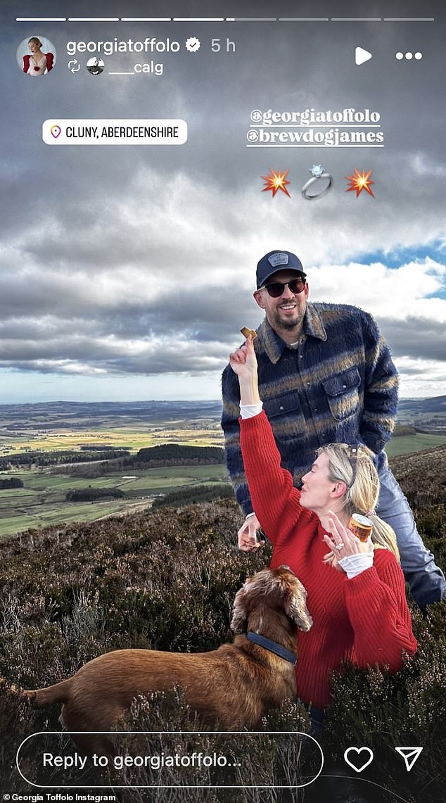 Georgia, 30, looked happier than ever as she showed off her sparkling ring as she enjoyed a nice walk with their dog in Aberdeenshire, Scotland