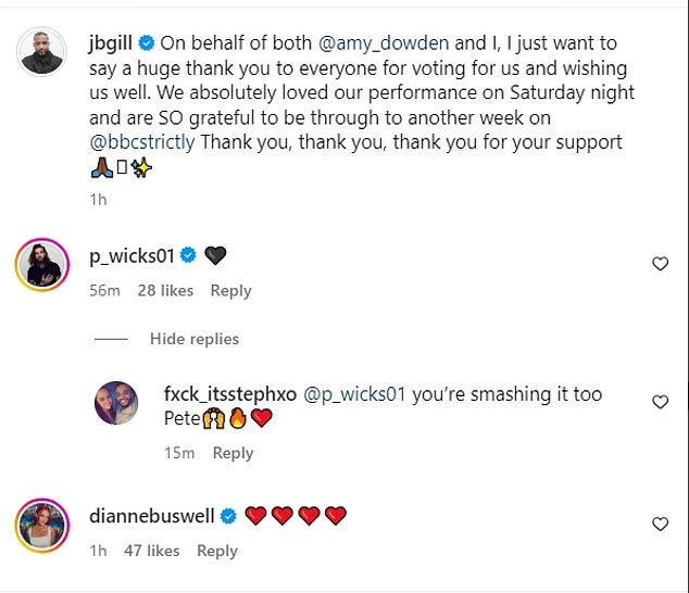 JLS star JB shared an Instagram post on Sunday as the pair got through another week, writing 'on behalf of both @amydowden and I'