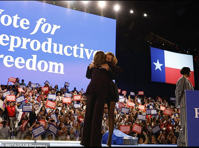 The carousel of behind-the-scenes footage included a shot backstage with the vice president and a photo of them hugging on stage