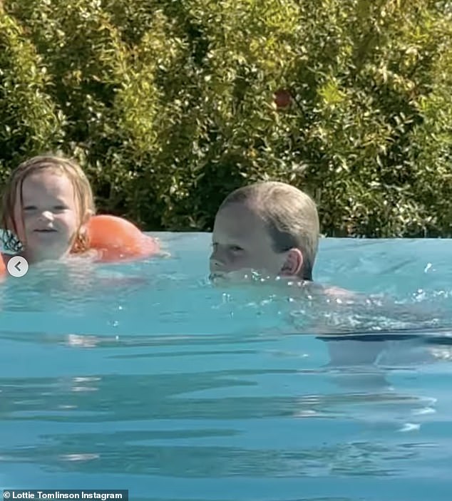 Louis' other sister Lottie Tomlinson also shared a video on Instagram earlier this month of her son Lucky (L) playing with Freddie (R) in the pool while on holiday