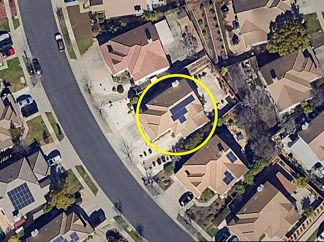 Pictured: A satellite photo of the Colemans' home, which has solar panels on the roof