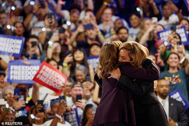 Beyoncé hugs Vice President Harris in front of some 30,000 attendees at her rally in Texas, as supporters wave signs reading 