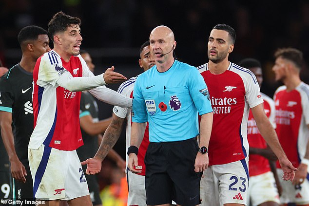 Havertz in the photo (left) complains to referee Anthony Taylor after the final whistle on Sunday