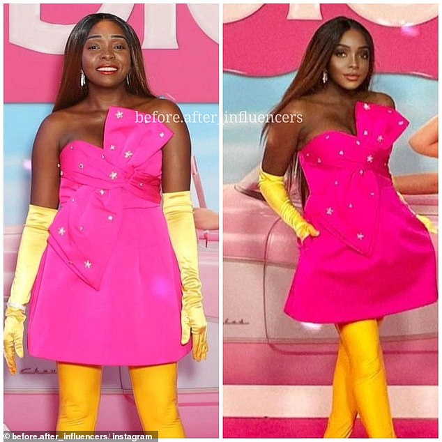 In another comparison, Suzan posed for photos at the Australian movie premiere of Barbie, wearing a striking bright pink mini-dress adorned with a large bow and paired with statement yellow gloves. However, her own photos (right) looked very different