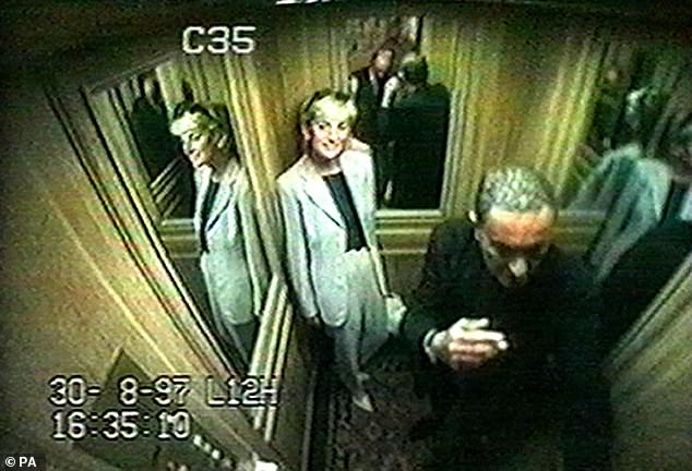 CTV footage shows Diana, Princess of Wales, with Dodi Fayed in the elevator of the Ritz Hotel. Andre Steele, Al Fayed's former security chief, claimed the sex plague blamed 