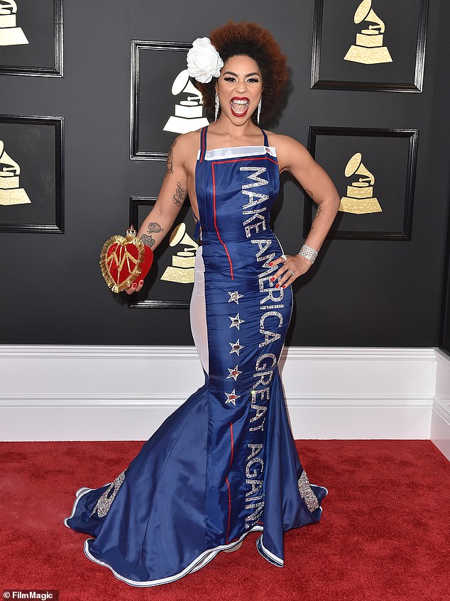 Soriano designed shocking, MAGA-friendly couture for signer-songwriters Joy Villa (pictured) and Ricky Rebel at the Grammy Awards