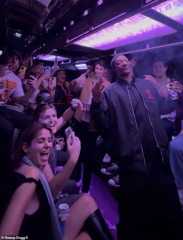 Snoop Dogg, 53, surprised a group of about 20 people when he randomly boarded a party bus, which led to him dancing to his own music on the sound system