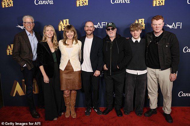 The team all gathered for a group photo along the red carpet; Danson is seen alongside stepdaughter Lily McDowell, who was alongside her mother, son Charlie, as well as Malcom, Seamus and brother Beckett McDowell