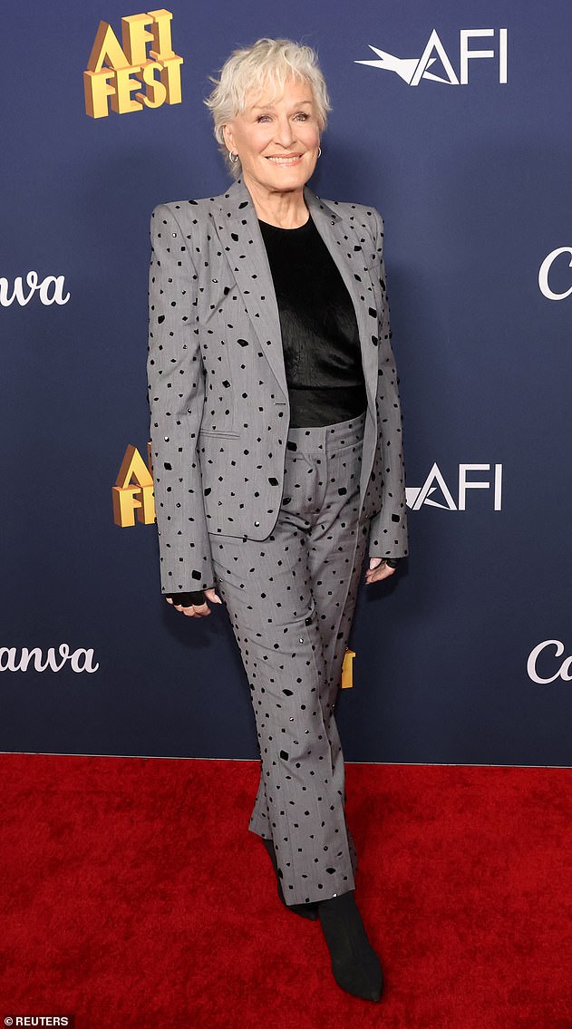 Close, 77, showed off her fit figure, decked out in a gray patterned suit and matching shoes