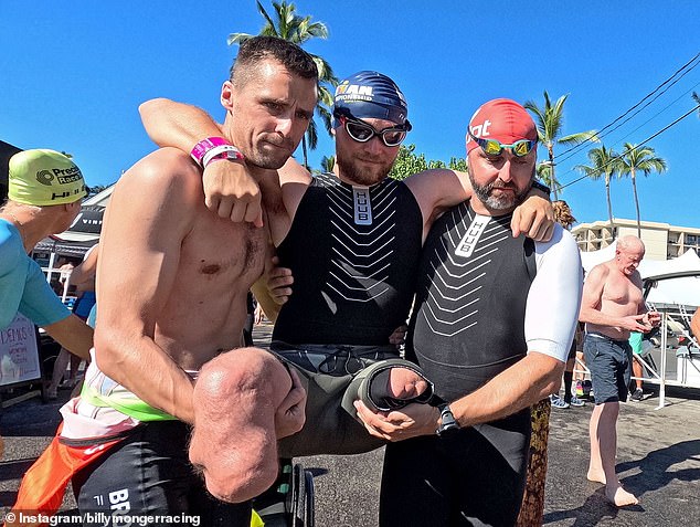 Monger (pictured center) revealed that he suffered several setbacks during the race, including being stung by jellyfish