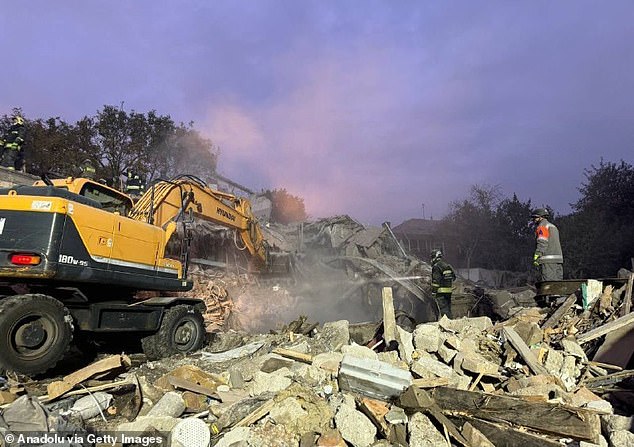 A view of the destroyed buildings and vehicles after the Russian missile attack on Dnipro, Ukraine on October 25, 2024