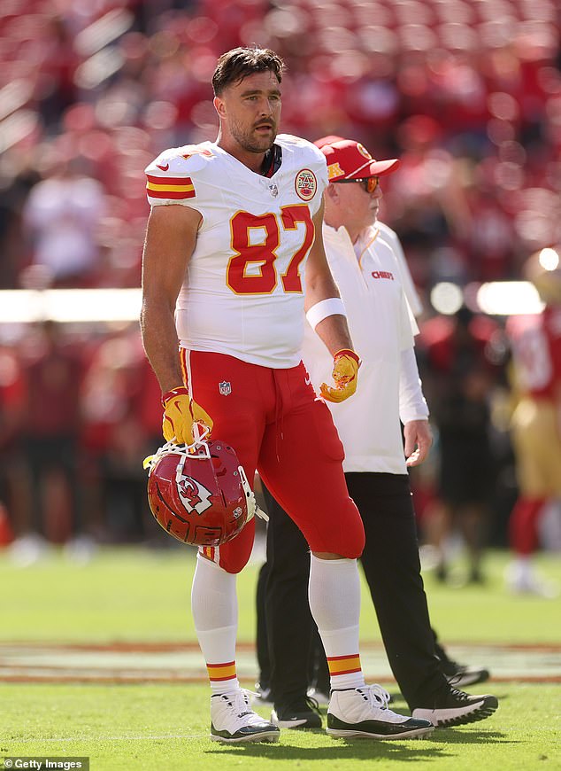 Even though he was on the other side of the country playing against the Raiders in Las Vegas, the tight end still celebrated by scoring his first touchdown of the season and helping his team bring home their seventh straight victory to take; pictured on October 20 in Santa Clara