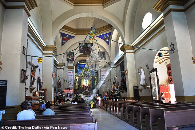 This photo shows the interior of the Church of San Pablo Apostol in Mitla