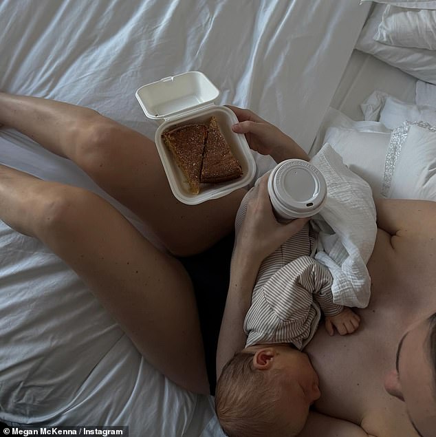 The singer was seen candidly feeding baby Landon as he lay up in bed and held a takeaway coffee cup and a container with two pieces of cake