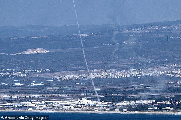 Israeli air defense system ''Iron Dome'' destroys missiles fired by Hezbollah as clashes between Hezbollah and the Israeli army continue in Haifa, Israel on October 23, 2024