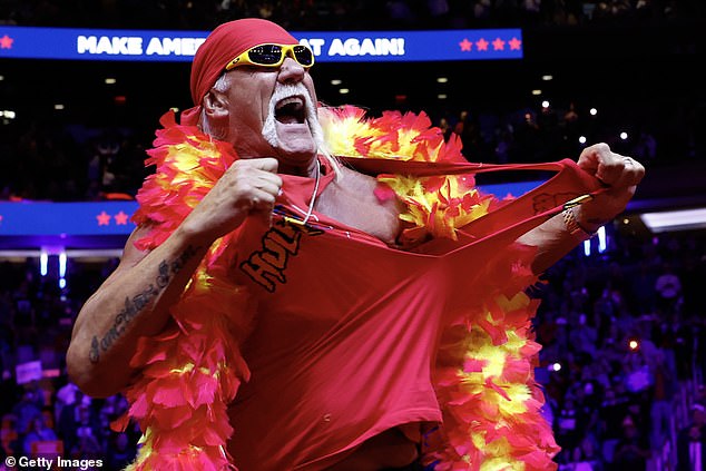 Retired WWF wrestler Hulk Hogan stormed onto the stage in a fluorescent red boa and ripped off his shirt to the thumping 