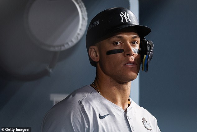 Aaron Judge #99 of the New York Yankees looks on after striking out on Saturday night