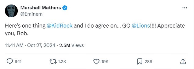 Eminem – real name Marshall Mathers – responded: “Here's one thing @KidRock and I agree on... GO @Lions!!!! I appreciate you, Bob