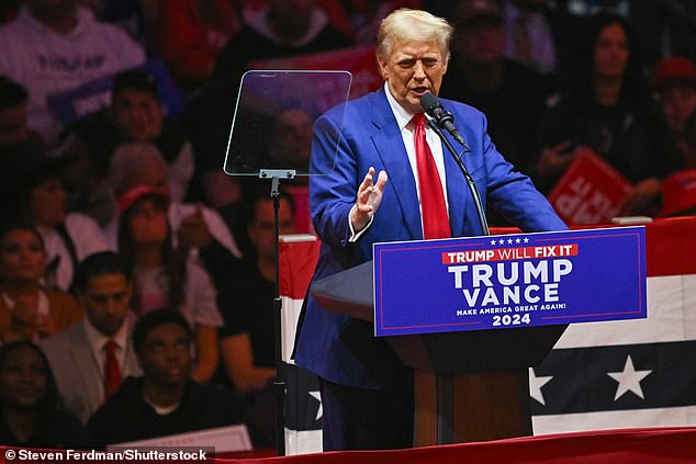 Former President Donald Trump speaks during his rally at Madison Square Garden. Harris said the ex-president is 'fixated on his grievances, on himself and on dividing our country'