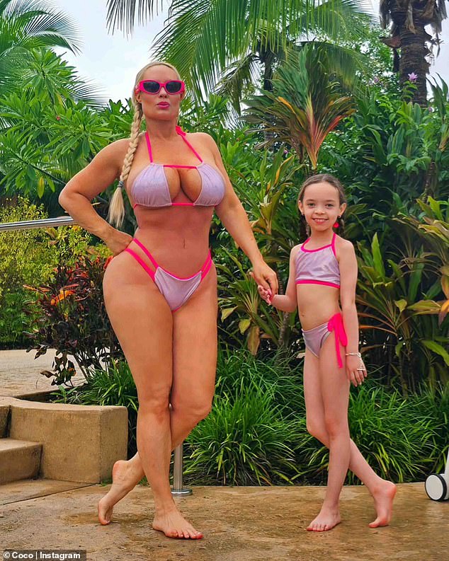 The 45-year-old model wife of Law & Order: SVU actor Ice-T, 66, wore a pink and purple two-piece suit alongside her only child who had something similar on