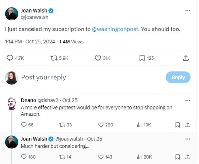 Liberal author Joan Walsh was among the X users who admitted that while she was able to cancel her WaPo subscription, she kept her Amazon account