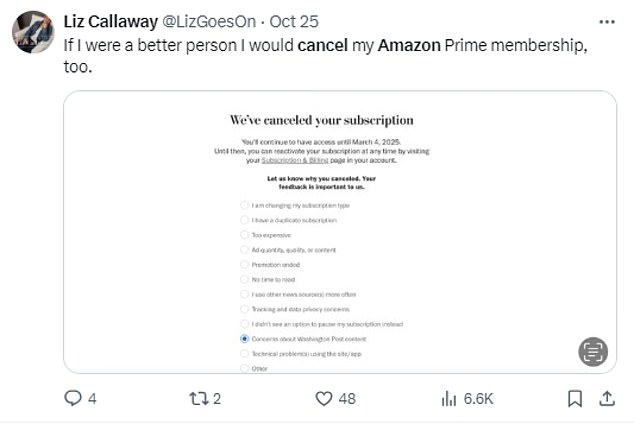 X user Liz Calloway shared an image of her Post subscription being canceled and added, 