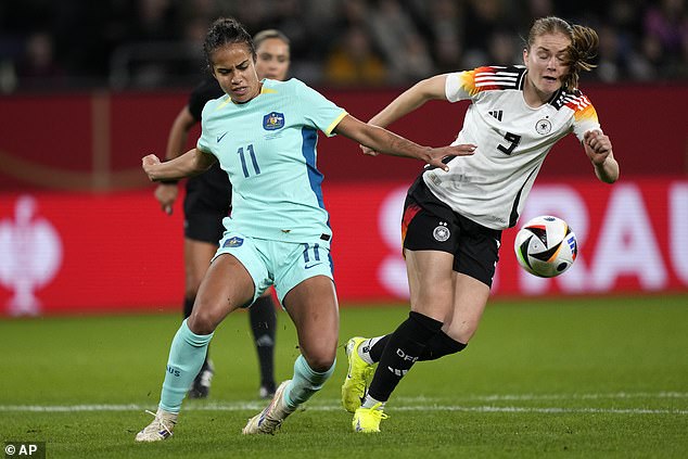 Pictured: Mary Fowler contesting possession during the Aussies' side-kick win