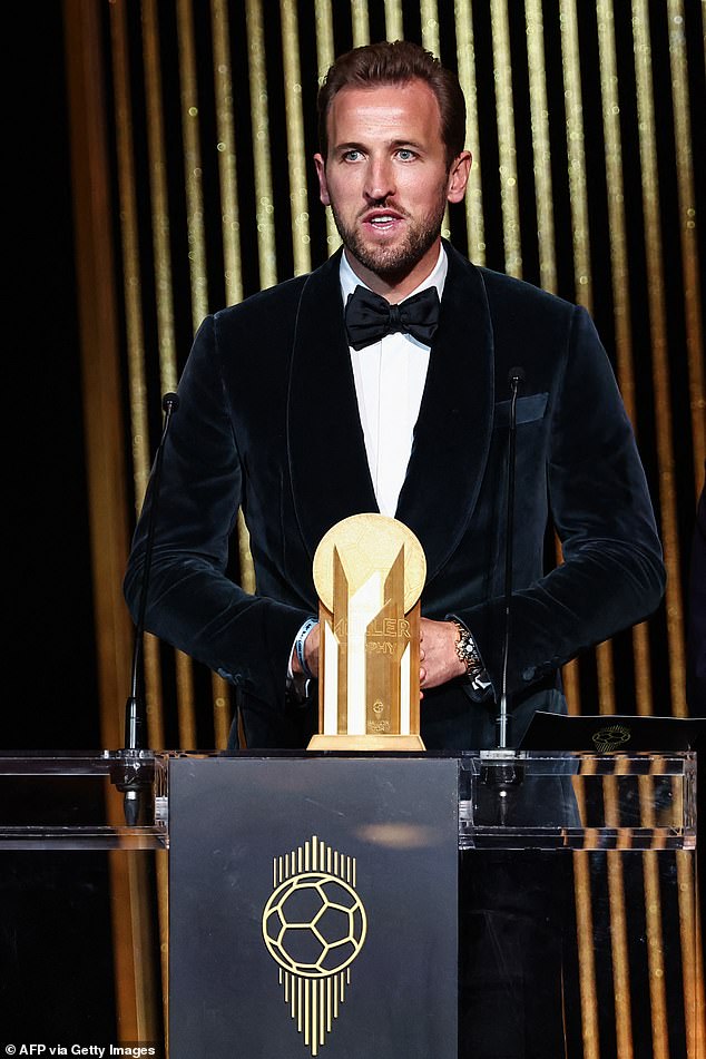 England football captain Harry Kane received the Gerd Muller Trophy for best striker during the ceremony