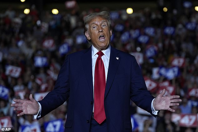 Donald Trump speaks during a campaign rally at McCamish Pavilion on Monday, Oct. 28, 2024, in Atlanta