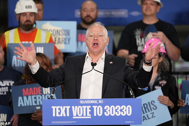 Democratic vice presidential candidate Minnesota Governor Tim Walz speaks during a campaign stop, Monday, October 28, 2024, in Manitowoc, Wisconsin