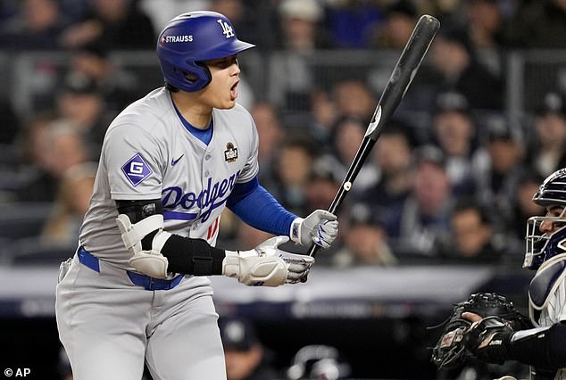 Ohtani had his arm in a sling until shortly before the first pitch in Game 3 of the World Series