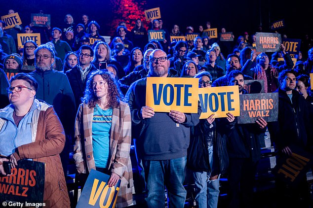 Supporters listen as Harris addresses them at the rally in Ann Arbor, Michigan