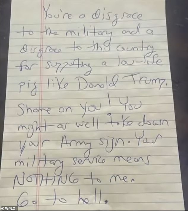 Pictured: The letter left by the unknown man to the veteran, which ends with the message 'Go to hell'