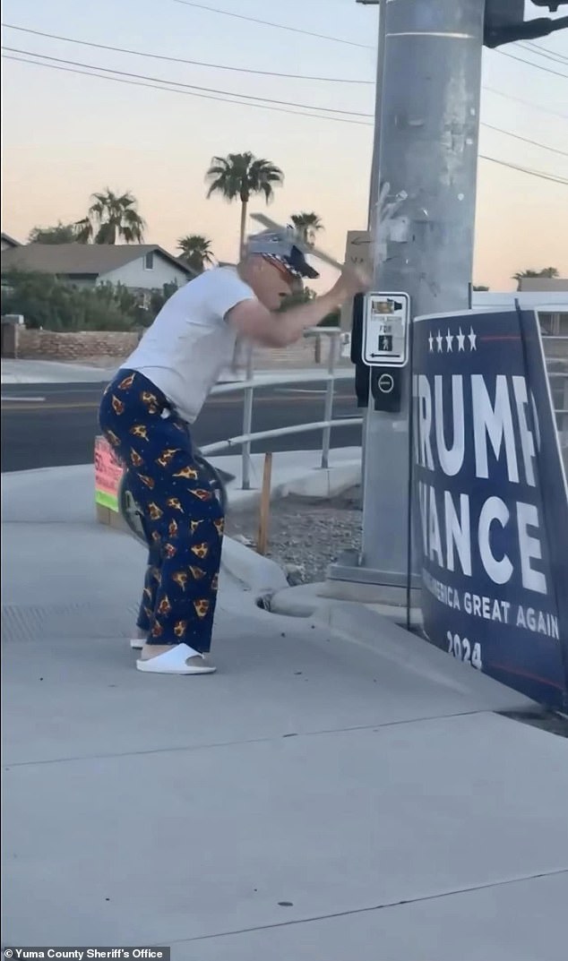 An Arizona man was caught on video last week chopping down a Trump-Vance campaign sign with a machete