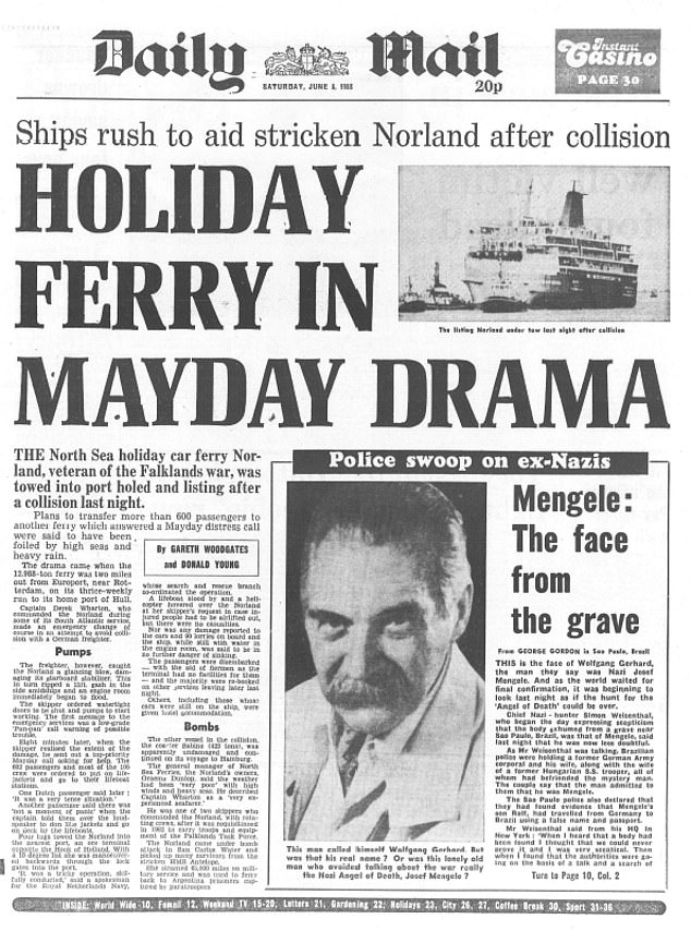 The front page of the Daily Mail on June 8, 1985, when a photo of Mangele living as Wolfgang Gerhard was released