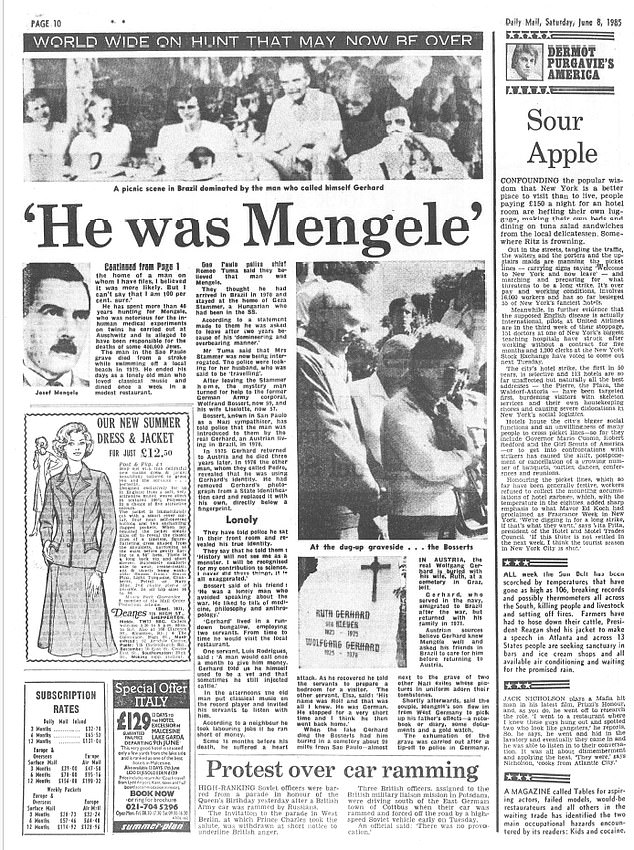 The Mail's June 1985 report, after Mengele's body was exhumed and his false identity revealed