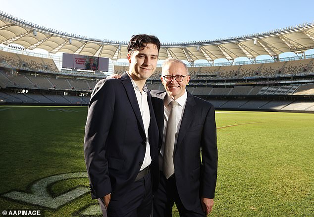 Mr Albanese's son Nathan, 24, has also reportedly been given access to the Qantas Chairman's Lounge (pictured, Mr Albanese and son Nathan in May 2022)