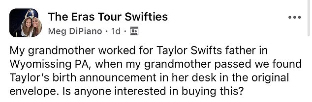 She asked via Facebook if any fellow Swifties would be interested in purchasing the birth announcement