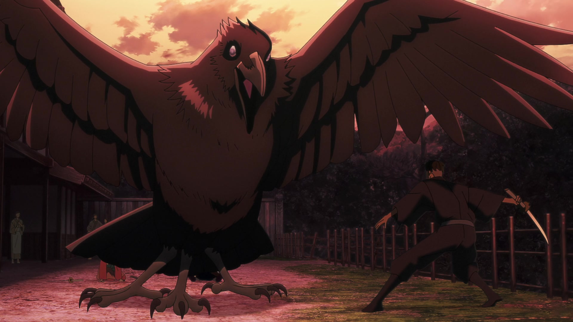 A giant three-legged raven stretching its wings for a person with a sword in a still from Yatagarasu