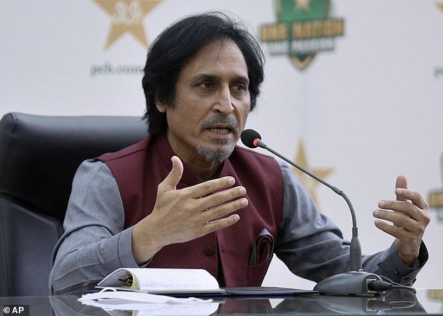 But just minutes later, Masood was ridiculed on live TV by commentator Ramiz Raja (pictured)